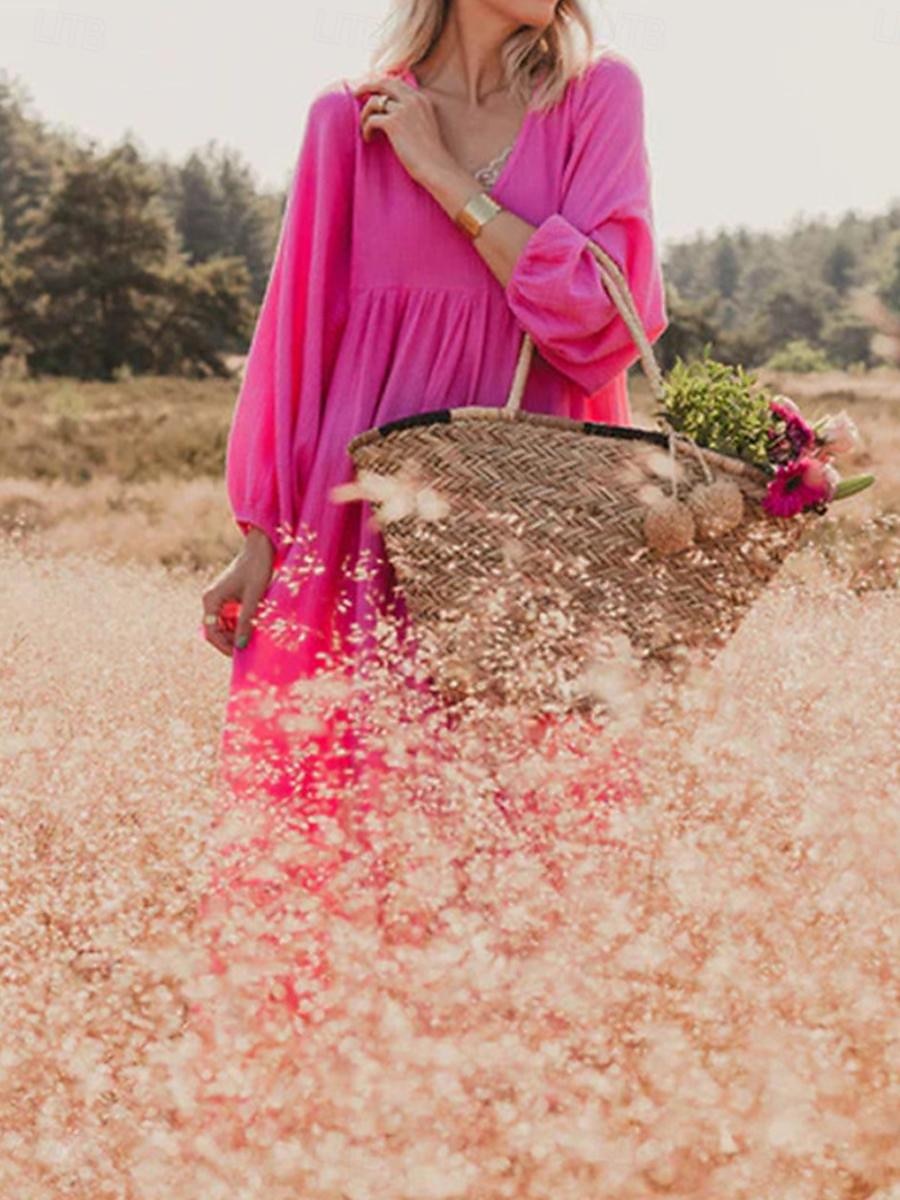 Women's Pink Orange Rose Red Summer Spring Maxi Dress Linen-Inspired Dresses Casual Dress Basic Modern Daily Weekend Loose Fit Plain V Neck 2025 - $32.99 –P14