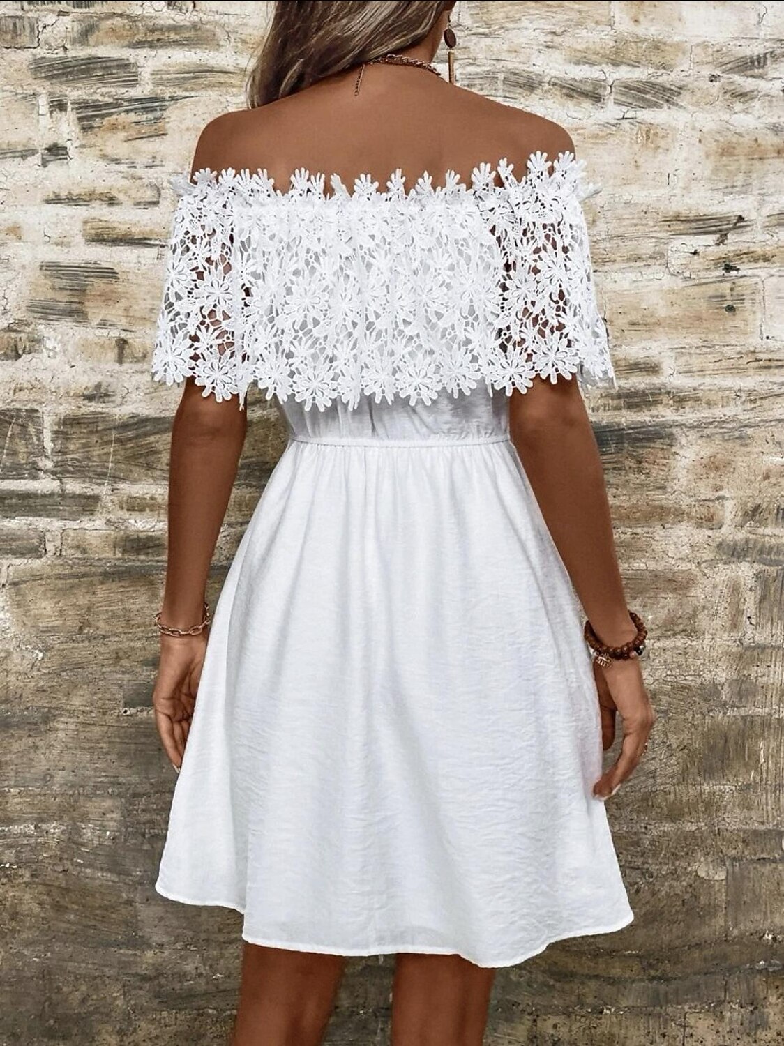 Pentru femei Rochie Mini Rochie albă Rochie de mireasa din dantela alba Rochii Boho Chic Rochie Boho Boemia Dată Fit regulat Manșon scurt De Pe Umăr Alb Vară 2025 - $46.99 –P2