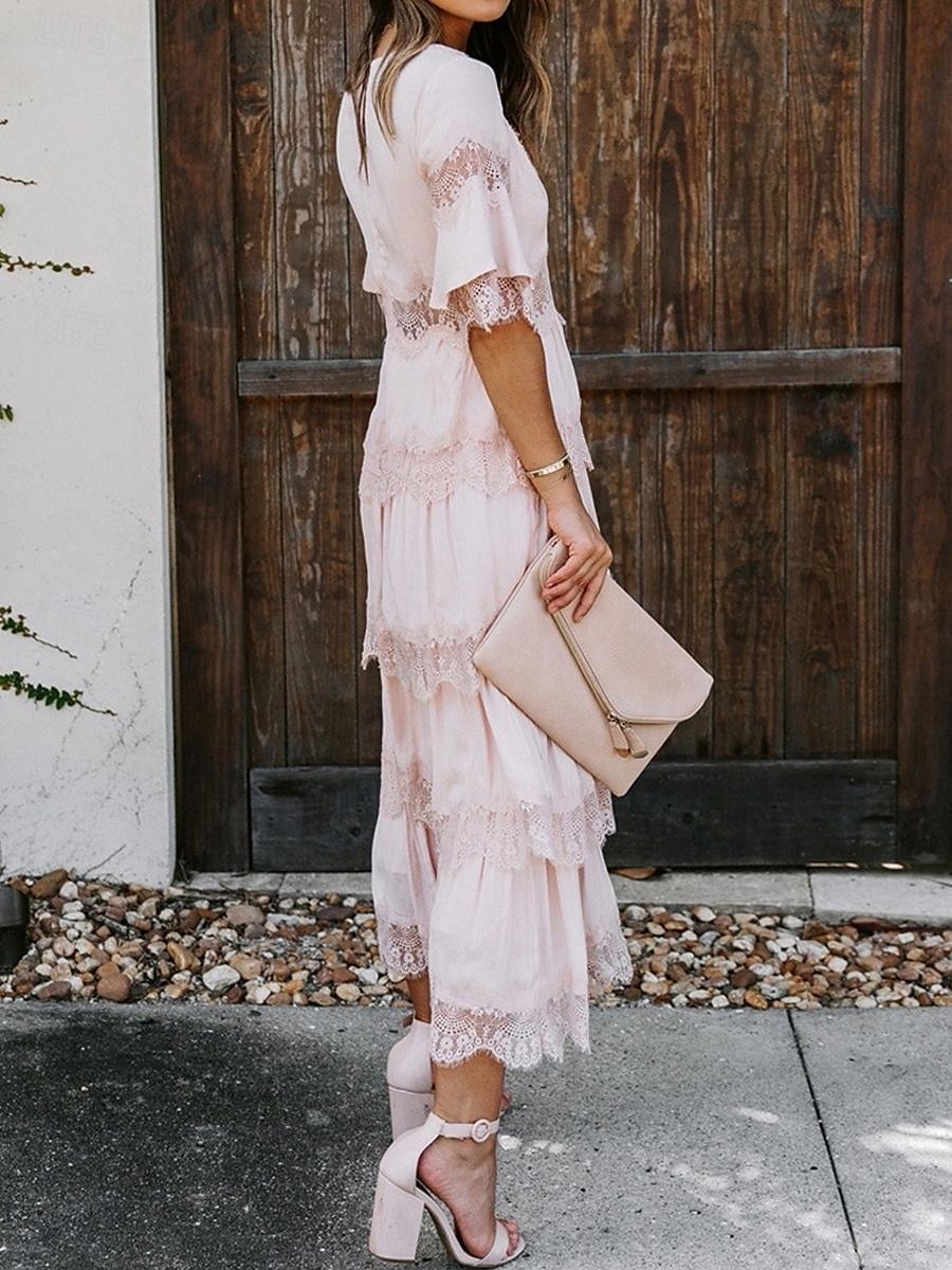 Women's White Dress Long Dress Maxi Dress Lace with Sleeve Wedding Date Vacation Elegant Bohemia V Neck Half Sleeve Black Pink Color 2025 - $63.99 –P15