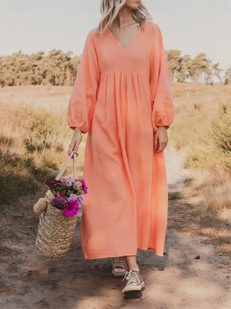 Women's Pink Orange Rose Red Summer Spring Maxi Dress Linen-Inspired Dresses Casual Dress Basic Modern Daily Weekend Loose Fit Plain V Neck 2025 - $32.99 –P7