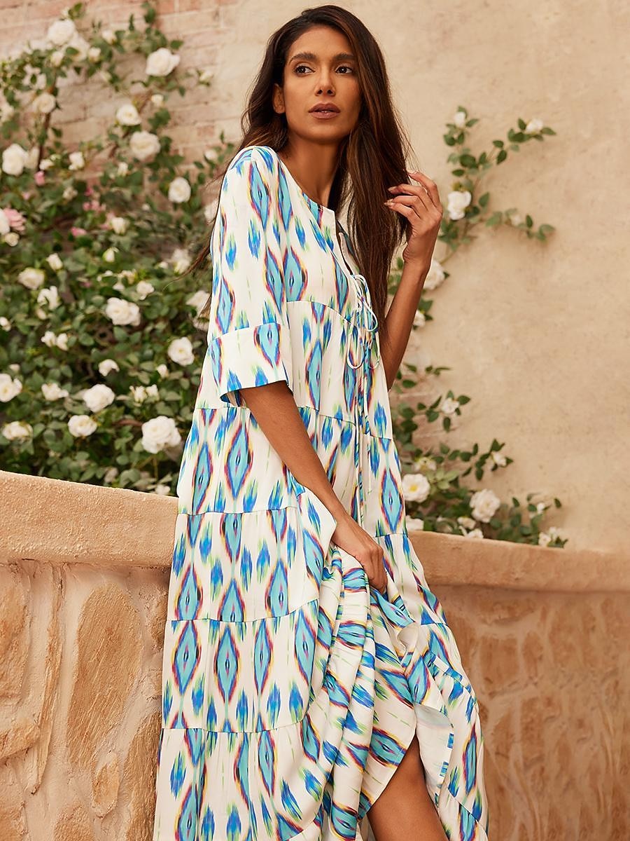 vestido maxi geométrico de cetim com decote em V de 2025 por $123.99 –P7