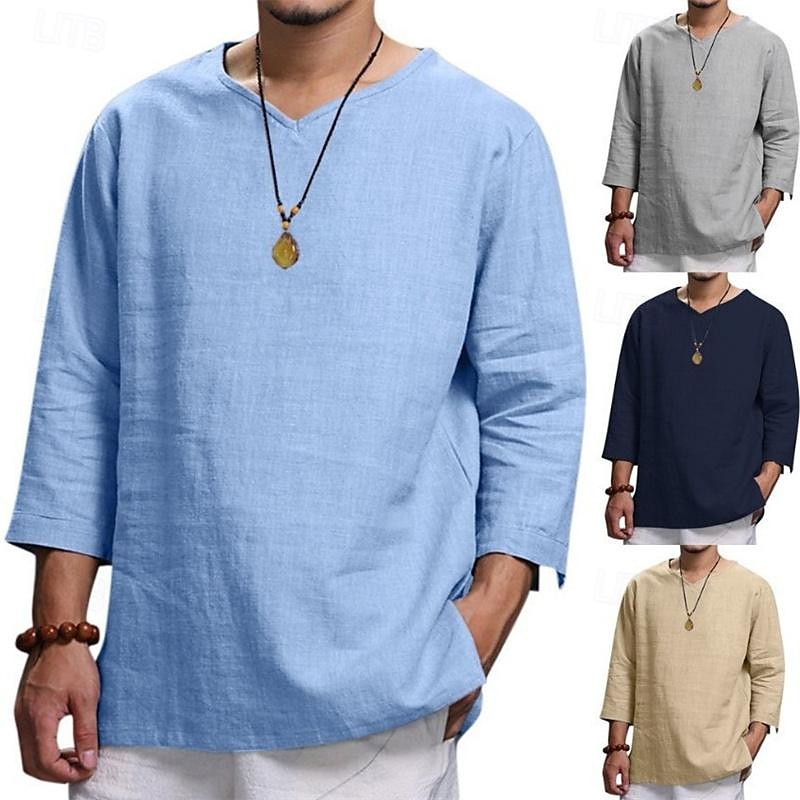 Men's Shirt Summer Shirt Casual Shirt Beach Shirt Black Navy Blue khaki Beige Light Blue Long Sleeve Plain V Neck Holiday Vacation Clothing Apparel Fashion Casual Comfortable 2025 - $17.49 –P1