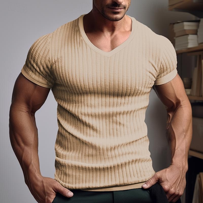 Pánské Tričko Tričko s žebrovaným úpletem Tričko Top Krátké rukávy Do V Léto Bez vzoru Pit Strip Módní Designové Základní Dovolená ulice Jdeme ven Černá Bílá Khaki Top tričko pro muže 2025 - $17.99 –P4