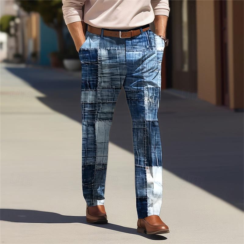 Farbblock-Geometrie, Business-Casual, Herren-Business-Anzughose mit 3D-Druck, flache Vorderseite, gerades Bein, entspannte Passform, Polyester-Hose, Outdoor, Streetwear, für die Arbeit, 2025 - $29.99 –P1