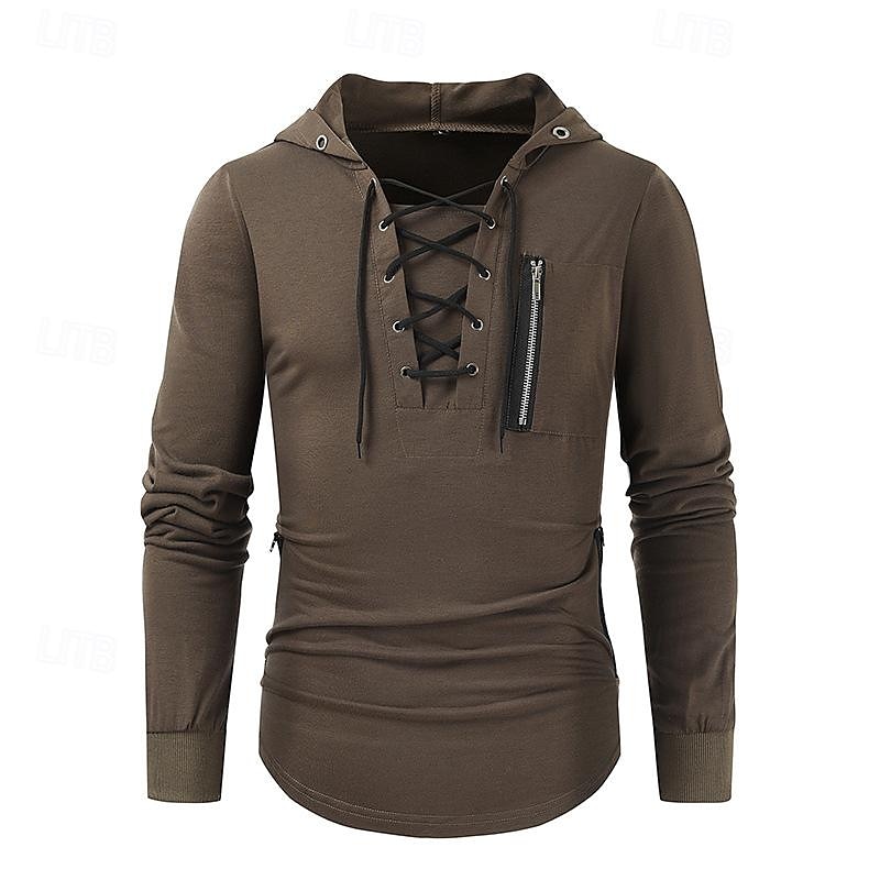 Herren T Shirt T-Shirt Langarmshirt Langarm Mit Kapuze Frühling & Sommer Einfach Mode Designer Basic Schnürung Urlaub Straße Ausgehen Schwarz Braun Grün Top T-Shirt für Herren 2025 - $26.99 –P8