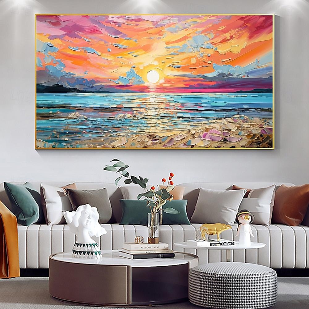2025年 油絵手描きの印象派海辺の日没の油絵キャンバス現代海景絵画抽象的なカラフルな風景画壁アートの絵画リビングルーム家の装飾 コレクション – $75.99 –P1