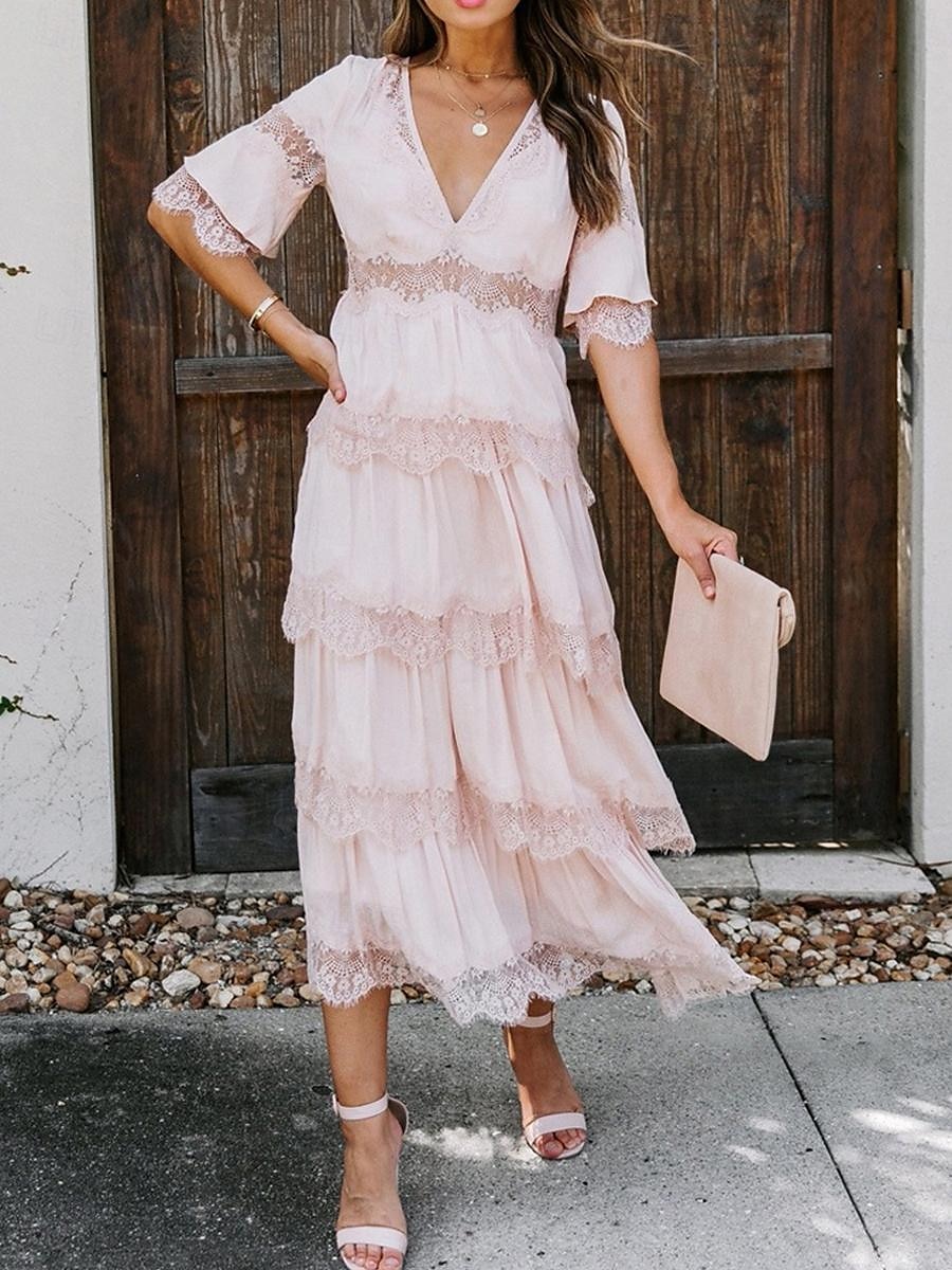 Women's White Dress Long Dress Maxi Dress Lace with Sleeve Wedding Date Vacation Elegant Bohemia V Neck Half Sleeve Black Pink Color 2025 - $63.99 –P11