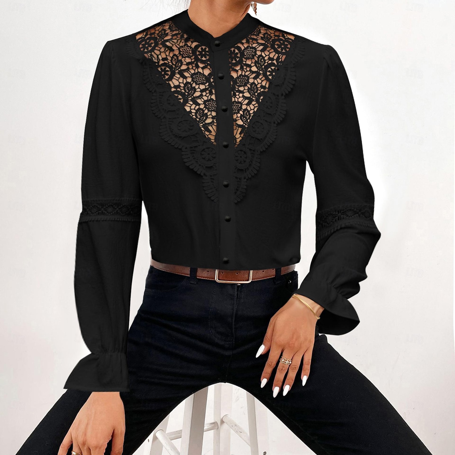 Hemd Spitzenhemd Bluse Weißes Spitzenhemd Damen Schwarz Weiß Rosa Feste Farbe Spitze Taste Strasse Täglich Modisch Stehkragen S 2025 - $29.99 –P10