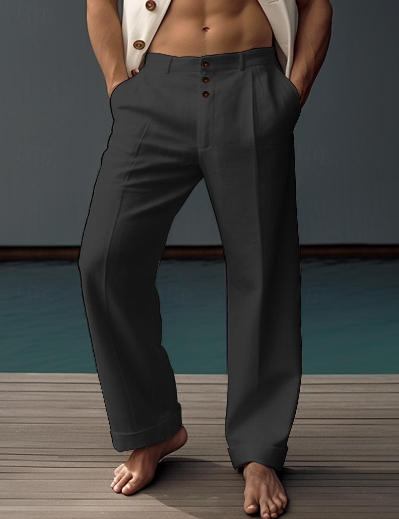 40% Linen Men's Linen Pants Trousers Summer Pants Pocket Buttons Straight Leg Plain Comfortable Breathable Vacation Office / Career Daily Classic Casual Black White 2026 - $35.99 –P7