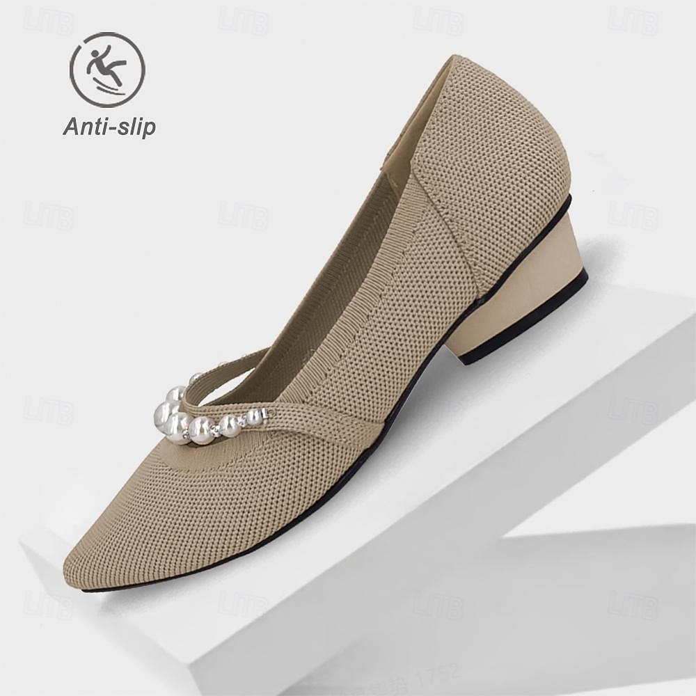 Women's Heels Plus Size Flyknit Shoes Soft Shoes Wedding Office Work Rhinestone Imitation Pearl Chunky Heel Pointed Toe Fashion Classic Comfort Walking Knit Loafer Black Red Blue 2026 - $46.99 –P4