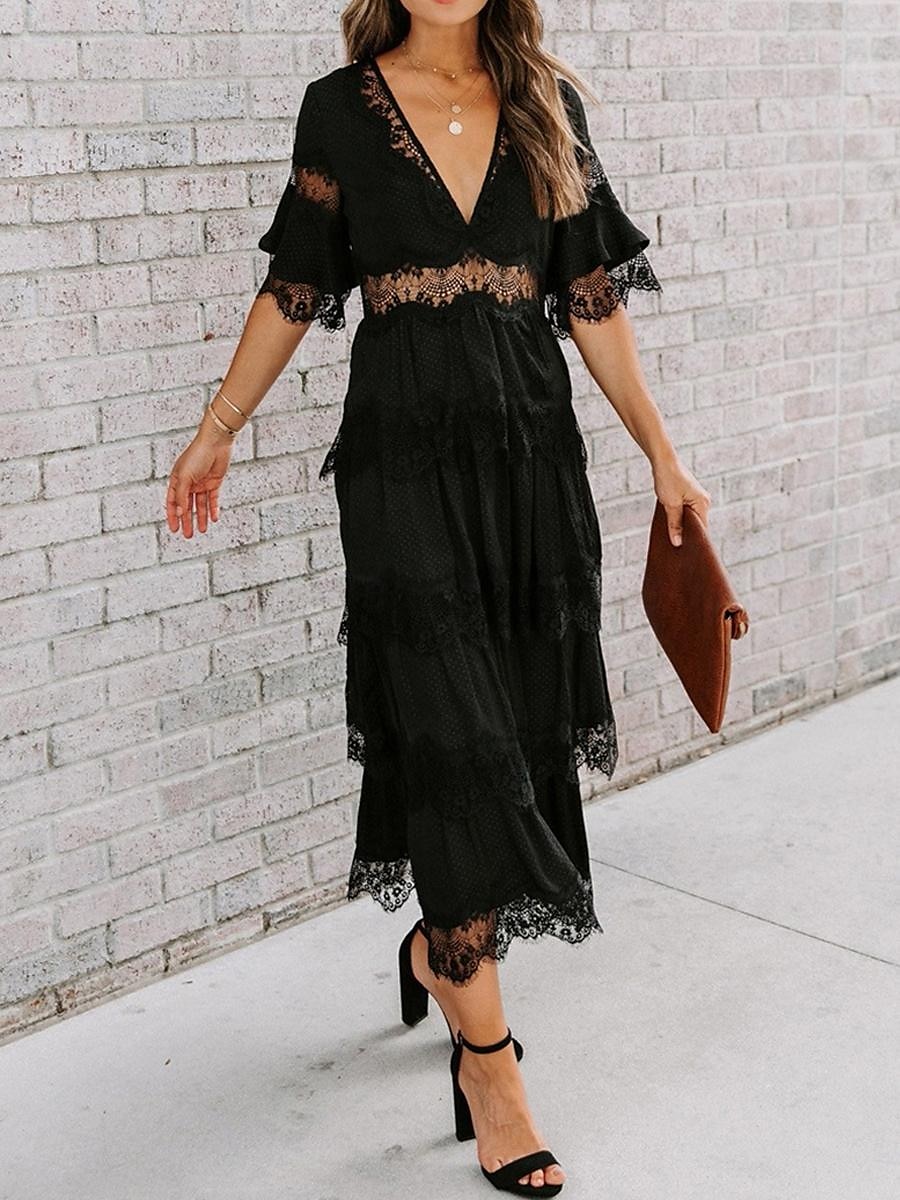 Women's White Dress Long Dress Maxi Dress Lace with Sleeve Wedding Date Vacation Elegant Bohemia V Neck Half Sleeve Black Pink Color 2025 - $63.99 –P5