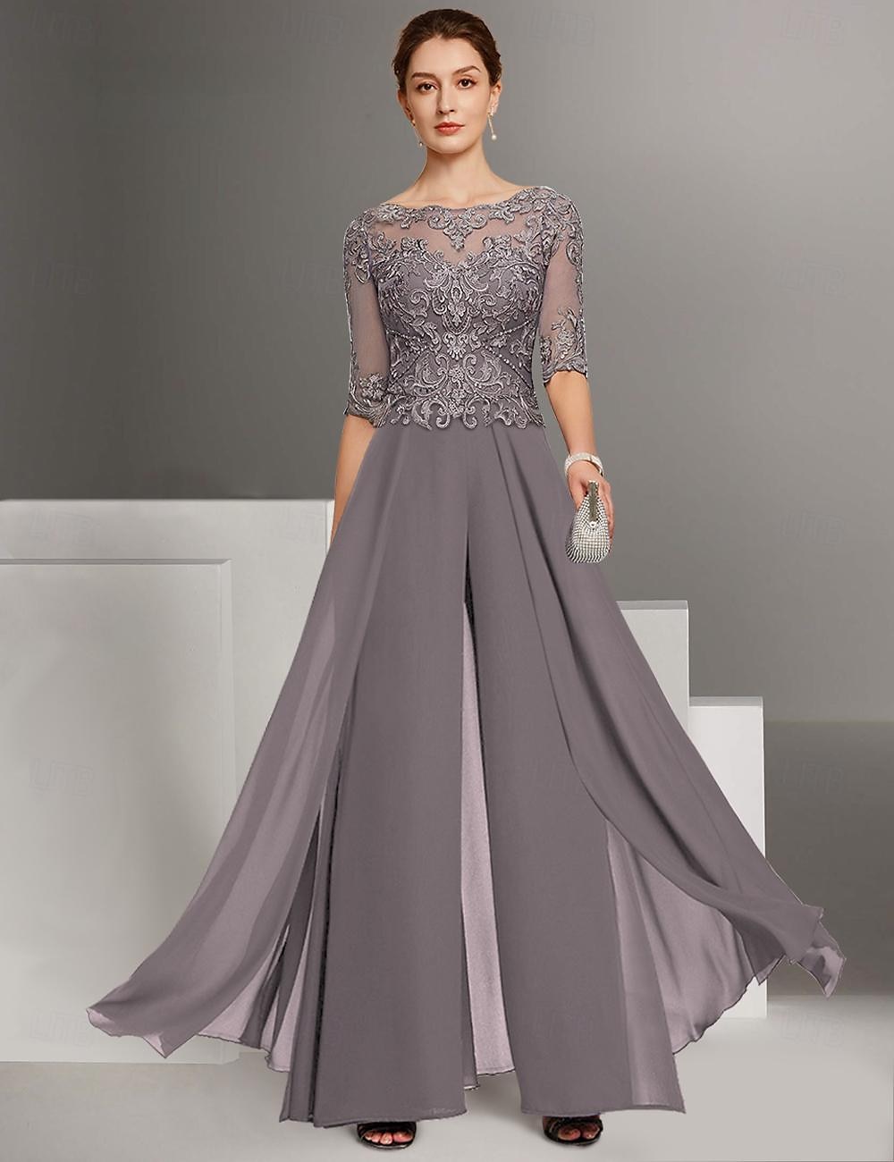 Combinaison deux pièces  tailleur mère de la mariée invitée de mariage église élégante petite décolleté bateau longueur sol chiffon manches mi-longues avec appliqués taille personnalisée gratuite de 2025 ? $179.99 –P1