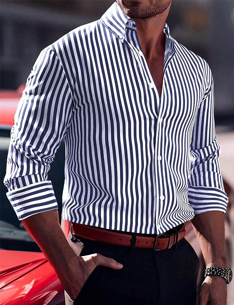 Herren Hemd Sommerhemd Knopfhemd Lässiges Hemd Schwarz Rote Blau Langarm Streifen Kargen Täglich Urlaub Bekleidung Brautkleider schlicht Komfortabel Smart Casual 2025 - $22.99 –P4