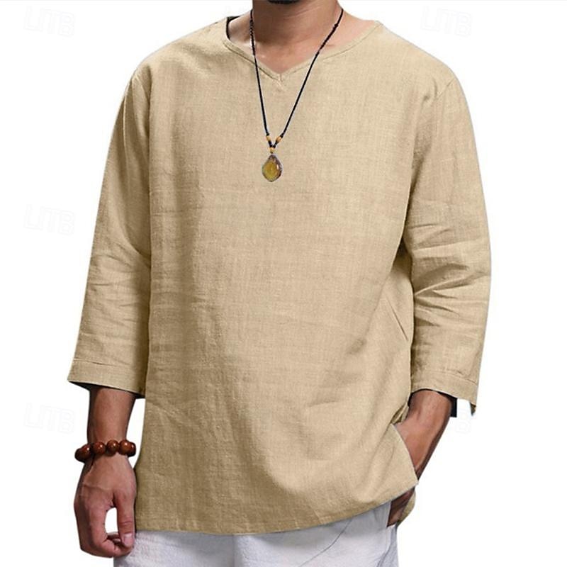Men's Shirt Summer Shirt Casual Shirt Beach Shirt Black Navy Blue khaki Beige Light Blue Long Sleeve Plain V Neck Holiday Vacation Clothing Apparel Fashion Casual Comfortable 2025 - $17.49 –P3