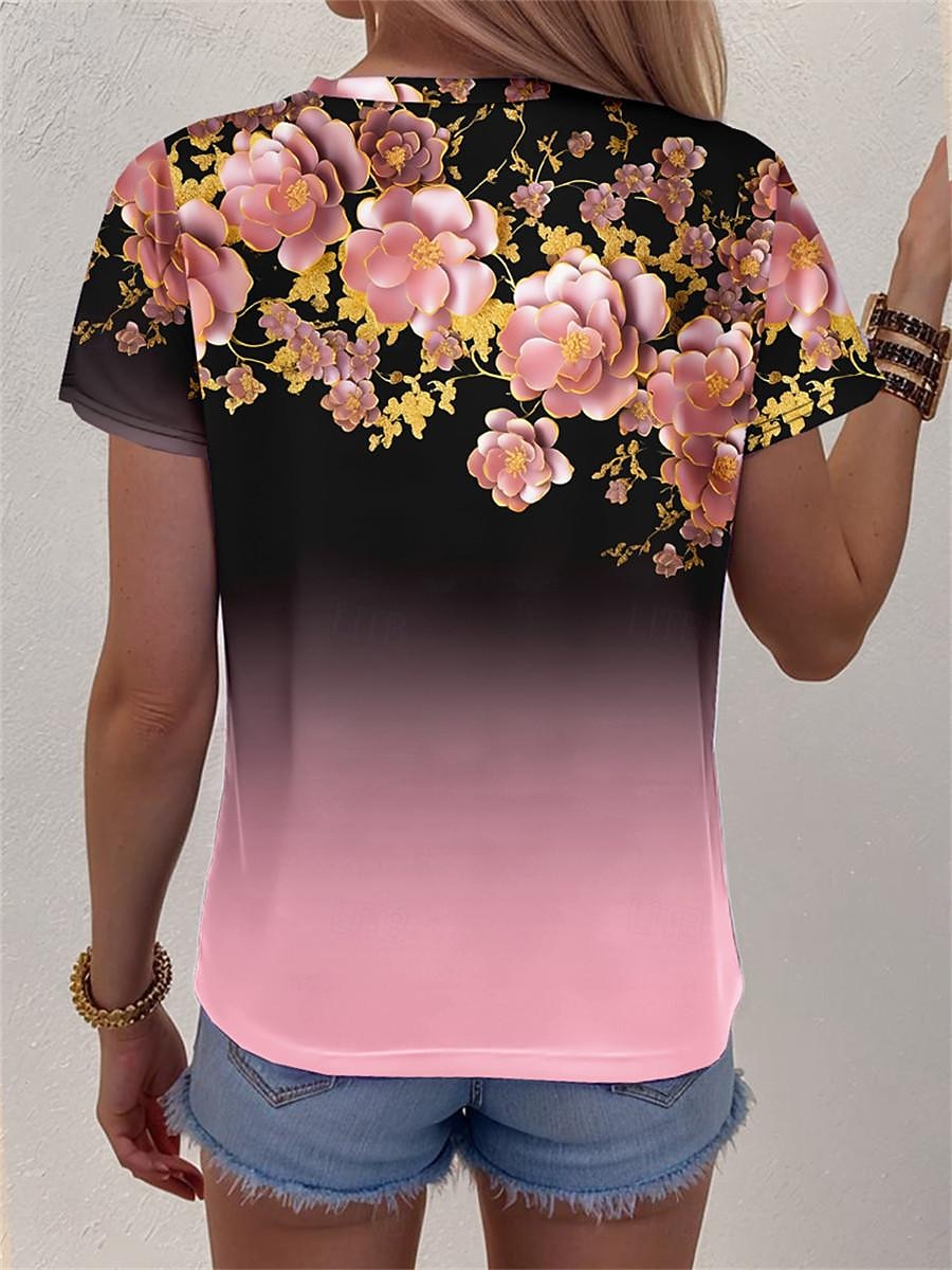 kvinners t-skjorte mote blomsterprint kortermet vanlige topper rund hals daglig helg rosa blå himmelblå lilla sommer 2025 - $19.99 –P2