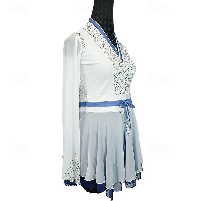 Figure Skating Dress Women's Girls' Ice Skating Dress White Patchwork Asymmetric Hem Mesh Spandex Stretchy Training Practice Professional Skating Wear Crystal / Rhinestone Long Sleeve Ice Skating 2025 - $242.99 –P3