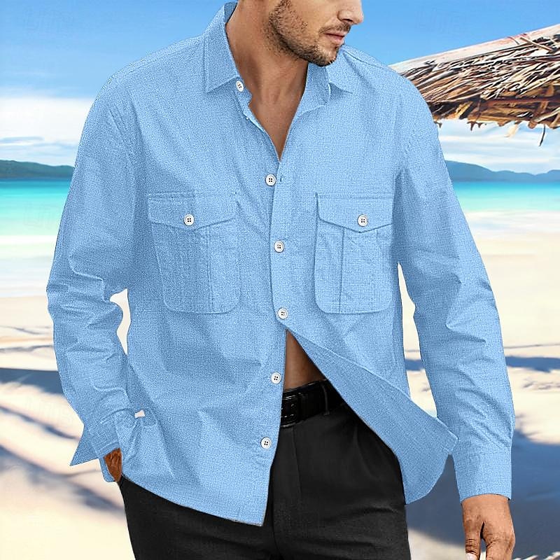 Herren Hemd leinenhemd Sommerhemd Strandbekleidung Knopfhemd Glatt Urlaub Curise Schwarz Marineblau Blau Khaki Langarm Kargen Frühling Sommer Bekleidung Tasche 2025 - $26.99 –P1