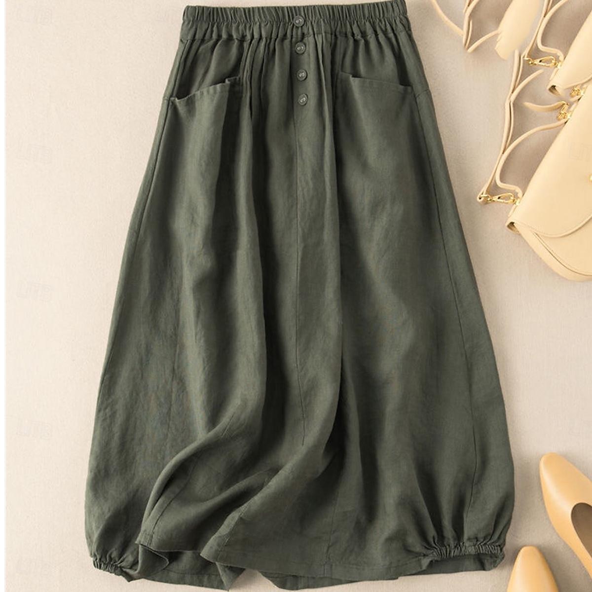 Women's Skirt A Line Basic Casual Midi High Waist Skirts Solid Colored Pocket Casual Daily Weekend Black Army Green Navy Blue Khaki Summer Cotton And Linen 2025 - $36.99 –P9