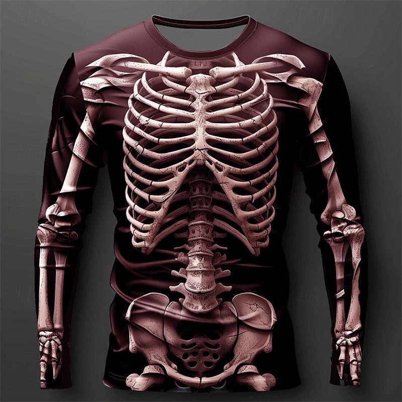 Herren Graphic Skelett T Shirt Langarm T-Shirt 3D-Druck Rundhalsausschnitt Hemd Designer Brautkleider schlicht Subkultur Sports Outdoor Festtage Ausgehen Schwarz Burgunderrot Purpur Frühling & Herbst 2025 - $19.99 –P10
