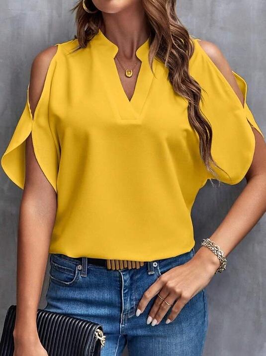 Chemise Chemisier Femme Noir Blanche Jaune Couleur unie Découpé Plein Air du quotidien Mode Col V S de 2025 ? $26.99 –P8