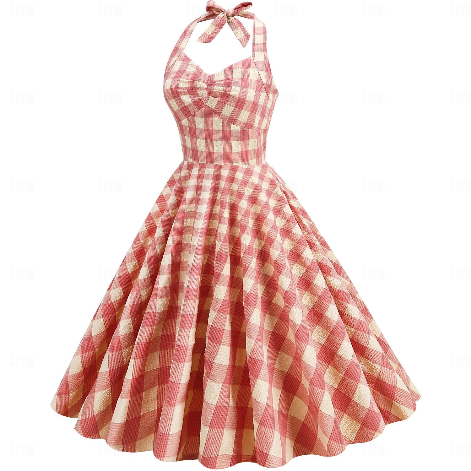 Retro Vintage 1950er Rockabilly Swing-Kleid Kariert Vichy-Karo A-Linie Neckholder Kostüm Damen Junggesellinnenabschiedsparty Erwachsene Kleid Abschlussballkleider Frühling & Sommer 2025 - $38.99 –P7