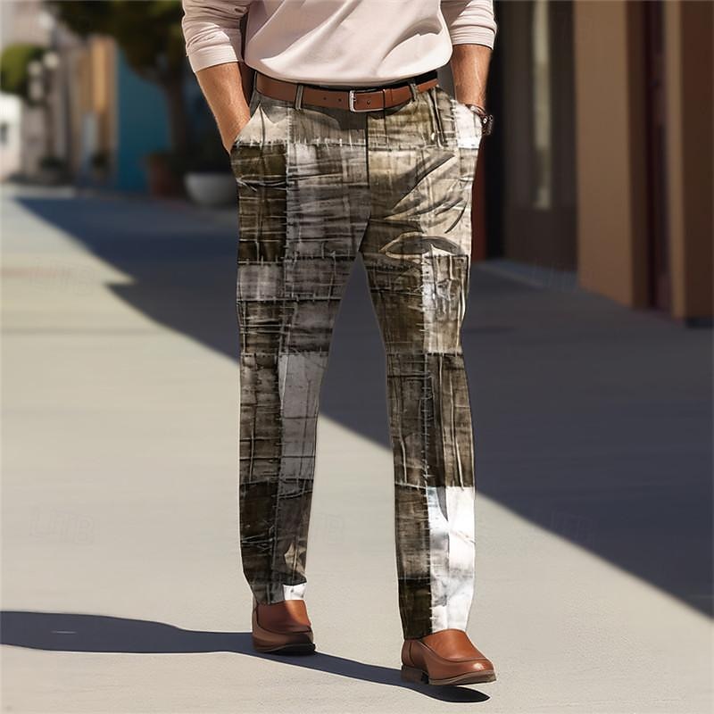 Farbblock-Geometrie, Business-Casual, Herren-Business-Anzughose mit 3D-Druck, flache Vorderseite, gerades Bein, entspannte Passform, Polyester-Hose, Outdoor, Streetwear, für die Arbeit, 2025 - $29.99 –P4