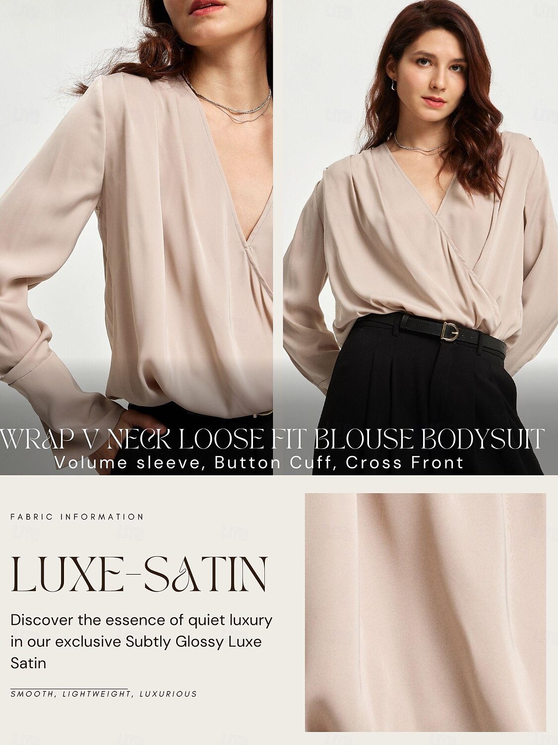 langermet bluse for kvinner uformell essensiell arbeidstop satengbeige v-hals imitert omslagsbluse 2025 - $4.99 –P1