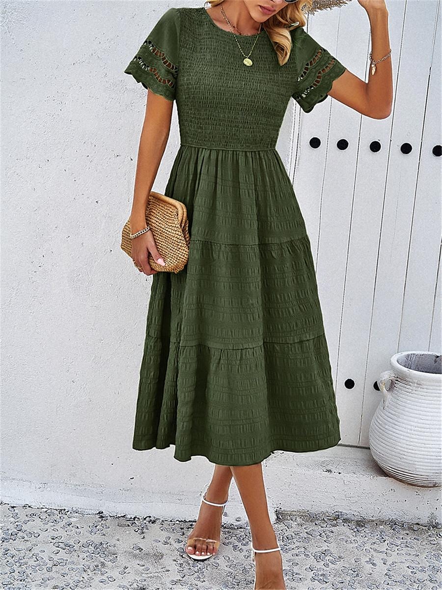 Mulheres Vestido branco Vestido midi Com Transparência Patchwork Encontro Férias Roupa de rua Básico Gola Redonda Manga Curta Preto Branco Marron Cor de 2025 por $52.99 –P12