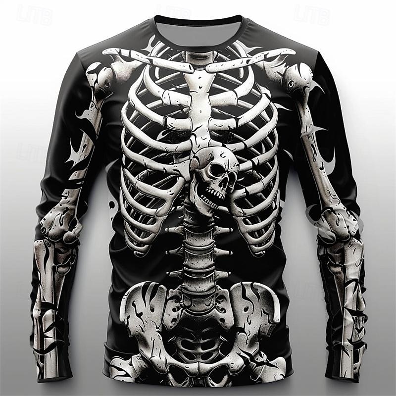 2025年 男性用 グラフィック スケルトン Tシャツ 長袖 Tシャツ 3Dプリント クルーネック シャツ ファッション カジュアル サブカルチャー スポーツ・アウトドア 祝日 お出かけ ブラック ホワイト ブルー 春 & 秋 衣類 S M L XL 2XL 3XL  コレクション – $19.99 –P8