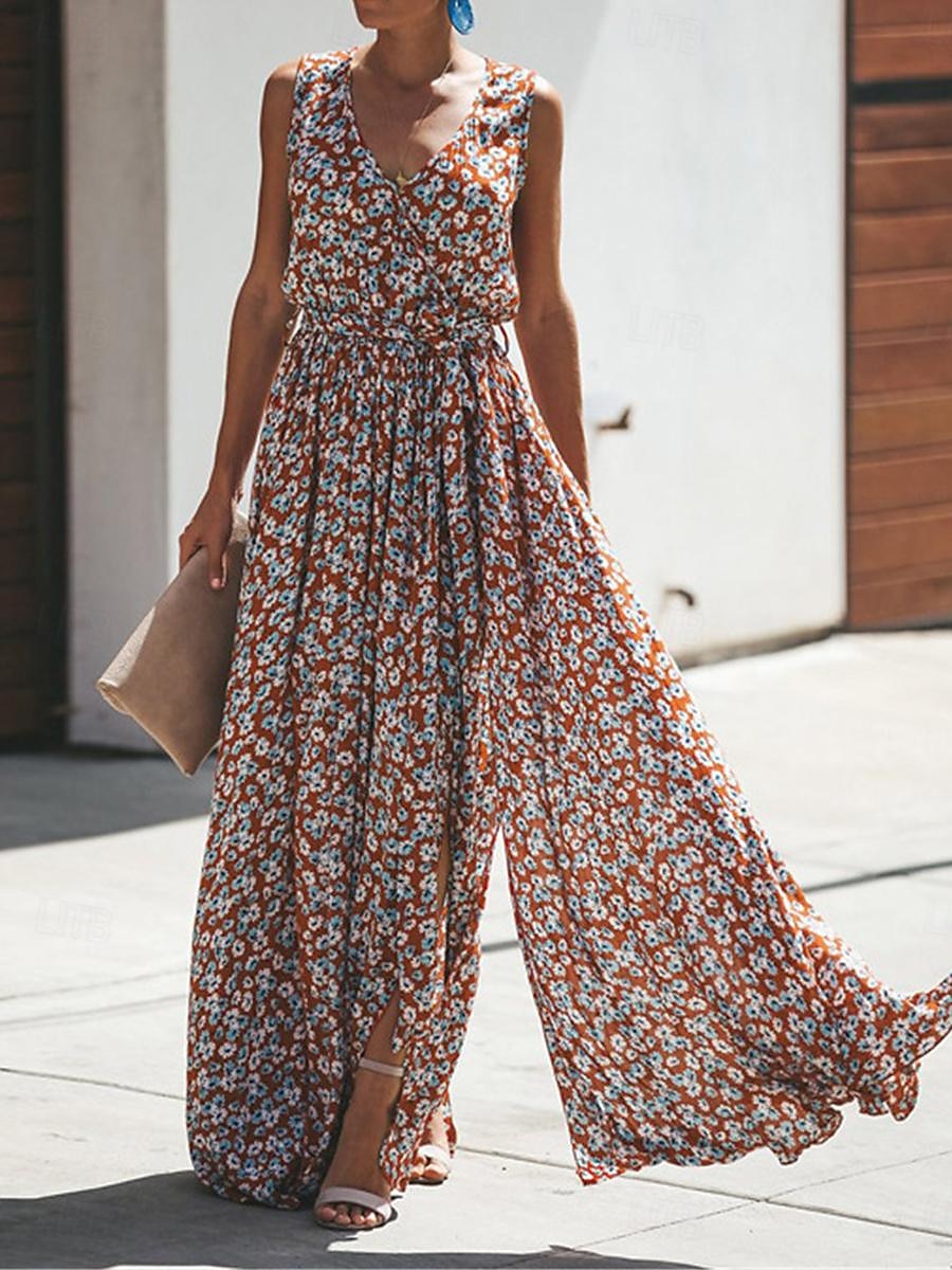 Női Hosszú ruha Maxi ruha hétköznapi ruha Boho elegáns ruhák Csehország Etno A-vonalú Vakáció Utca Szabadság Normál Virágos Ujjatlan V-alakú Sárga Rubin Égszínkék Nyár 2025 - $26.99 –P2