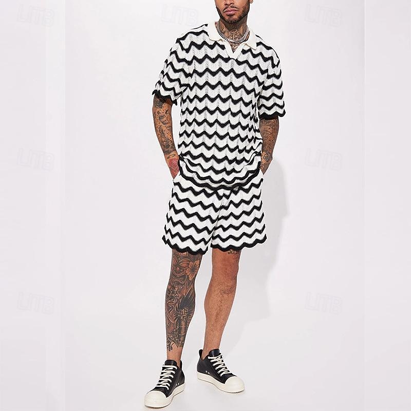 Men's Matching Sets Black T shirt Tee Beach Outfit Tee Top Sweat Shorts Shorts Beach Shorts Sets Short Sleeve Lapel Vacation Going out Lines / Waves 2 Piece Knitted Polyester Summer 2024 - $34.99 –P5