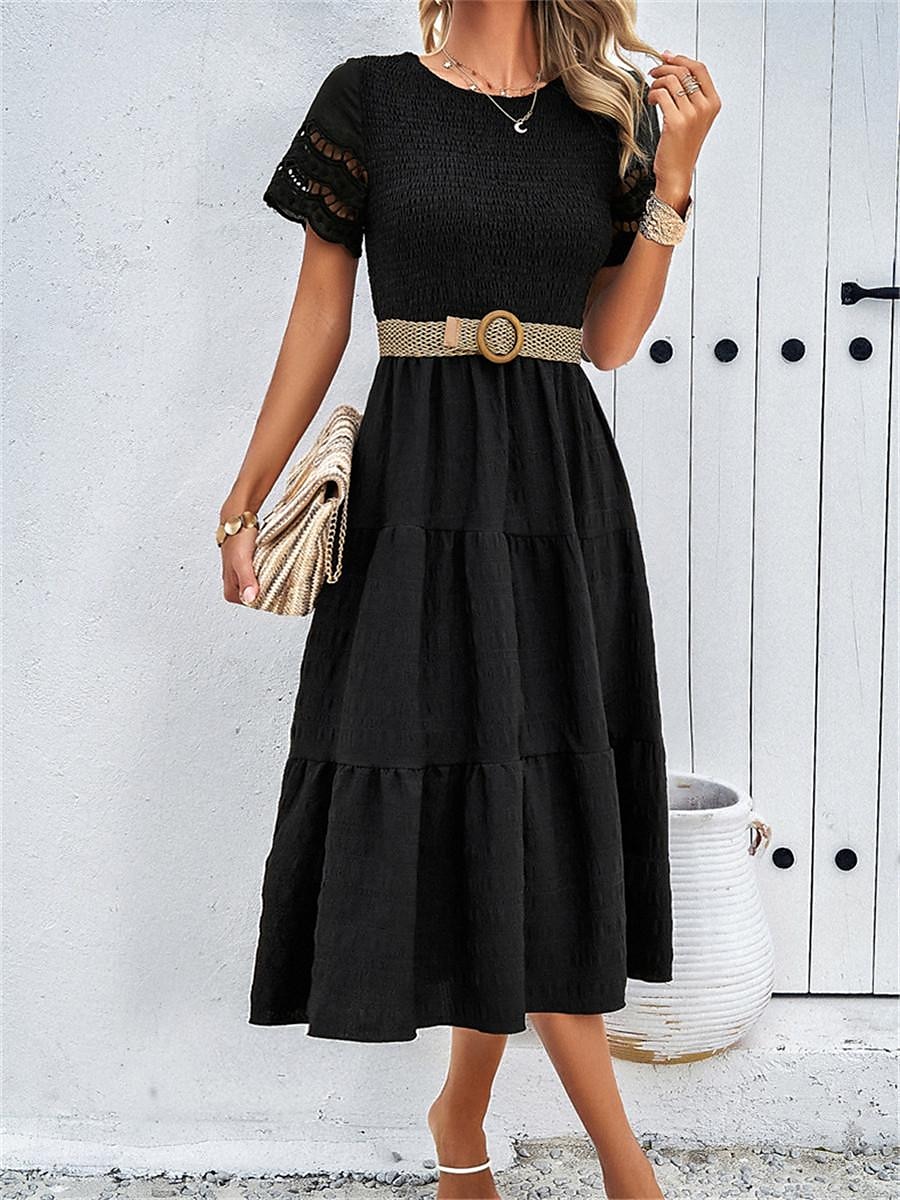 Mulheres Vestido branco Vestido midi Com Transparência Patchwork Encontro Férias Roupa de rua Básico Gola Redonda Manga Curta Preto Branco Marron Cor de 2025 por $52.99 –P4