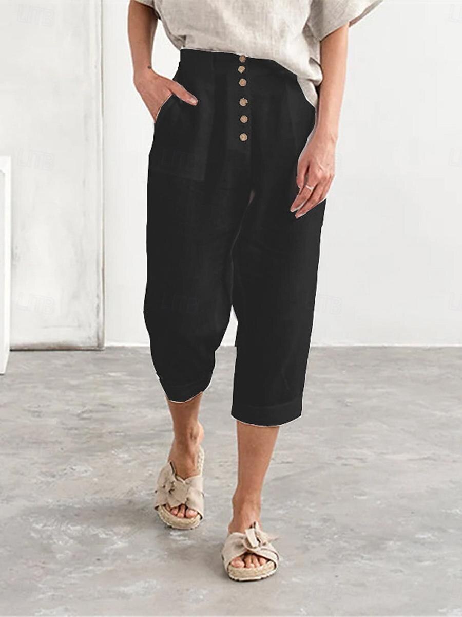 Women's Cotton Linen Pants Fashion Basic Comfort Pure Color Pocket Elastic Waist Breathable Micro-elastic Street Daily Black White Navy Blue Brown Summer 2025 - $21.99 –P12