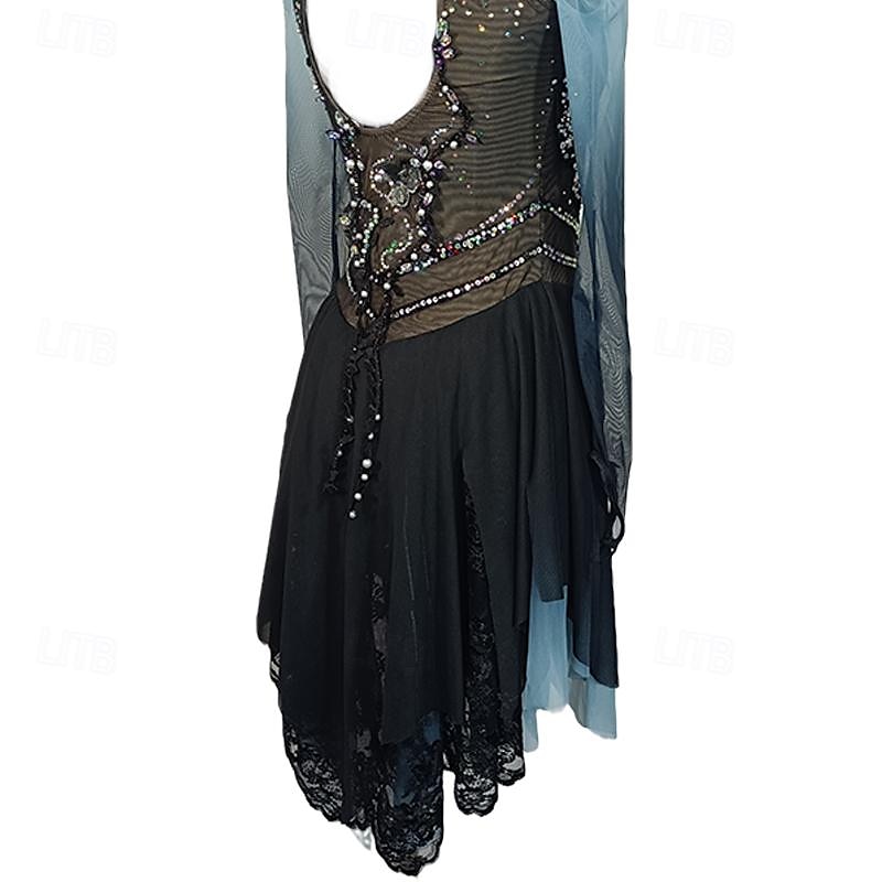 Vestido de patinaje artístico Mujer Chica Patinaje Sobre Hielo Vestidos Azul Negro Retazos Dedo Pulgar Malla Licra Encaje Elástico Entrenamiento Profesional Competición Ropa de Patinaje Cristal 2025 - $189.99 –P6
