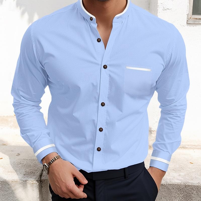Herren Hemd Hemd mit Stehkragen Oberhemd Oxford Hemd Knopfhemd Hochzeit Urlaub Weiß Marineblau Grau Leicht Blau Langarm Stehkragen Frühling Sommer Bekleidung Vordertasche 2025 - $25.99 –P6