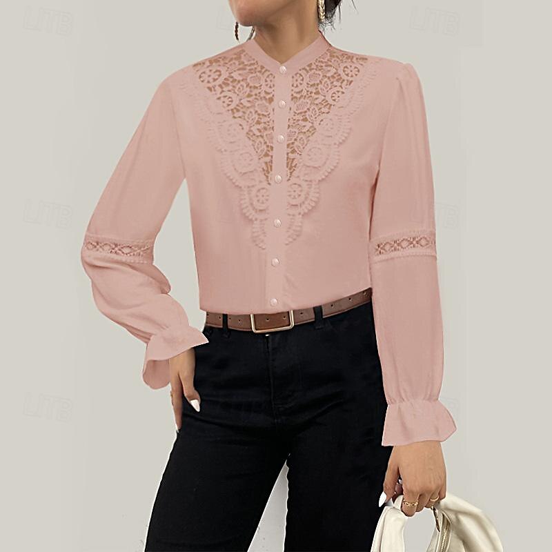Hemd Spitzenhemd Bluse Weißes Spitzenhemd Damen Schwarz Weiß Rosa Feste Farbe Spitze Taste Strasse Täglich Modisch Stehkragen S 2025 - $29.99 –P13