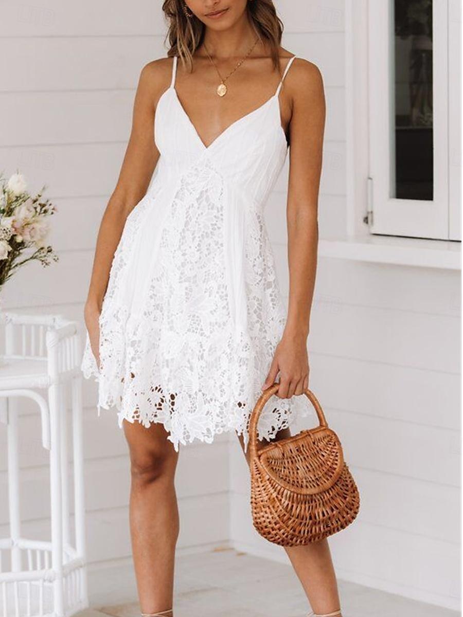 Damen Minikleid Weißes Kleid Abschlusskleid Spitzenkleid Sommerkleid Elegant Sexy Hochzeit Party Date Normale Passform Ärmellos Träger Weiß Sommer 2025 - $35.99 –P4