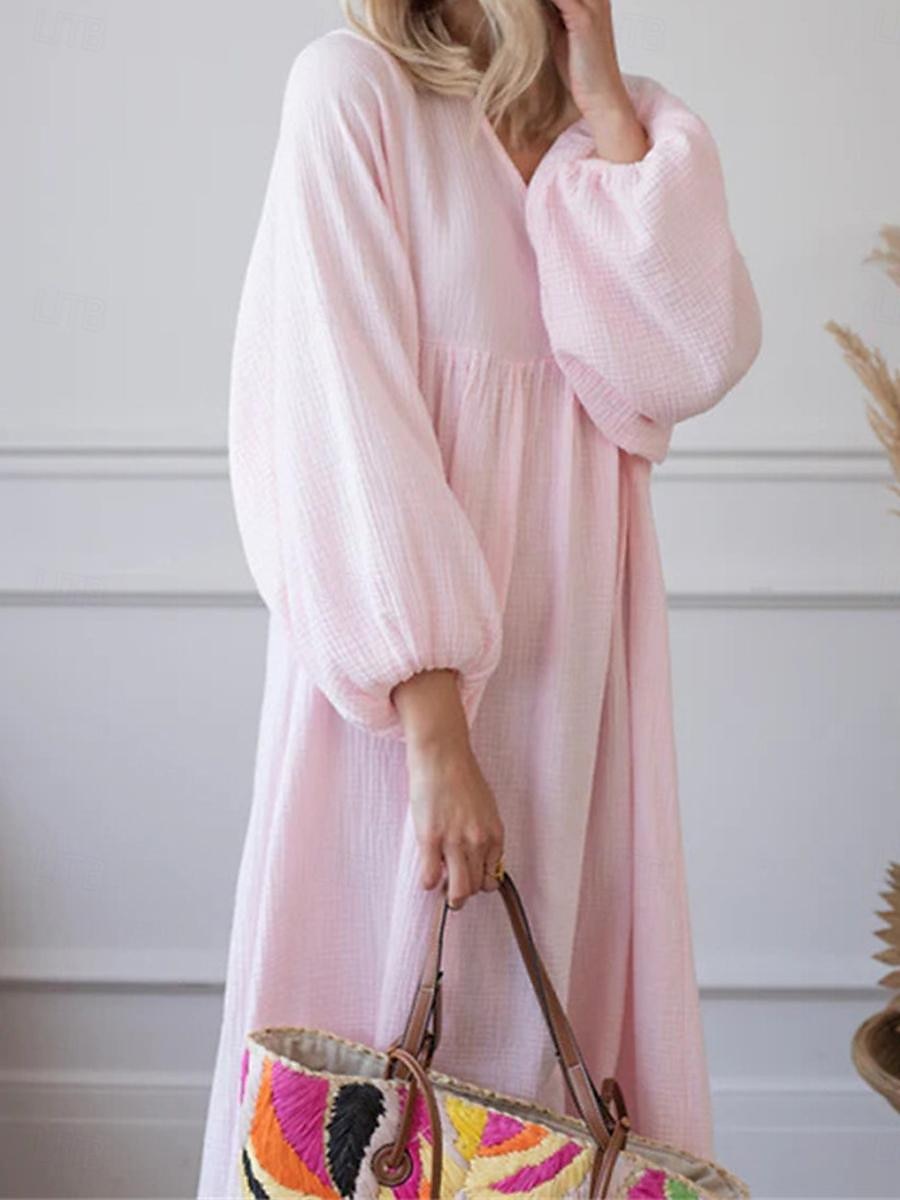 Women's Pink Orange Rose Red Summer Spring Maxi Dress Linen-Inspired Dresses Casual Dress Basic Modern Daily Weekend Loose Fit Plain V Neck 2025 - $32.99 –P11