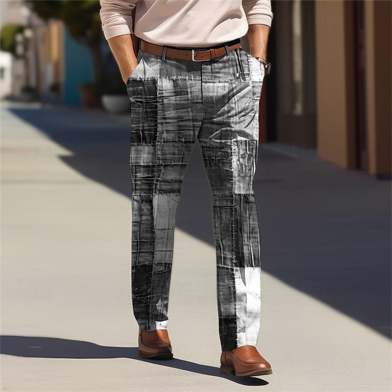 Farbblock-Geometrie, Business-Casual, Herren-Business-Anzughose mit 3D-Druck, flache Vorderseite, gerades Bein, entspannte Passform, Polyester-Hose, Outdoor, Streetwear, für die Arbeit, 2025 - $29.99 –P5