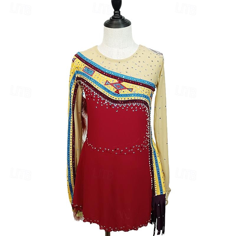 Kjole til kunstløp Dame Jente Skøyteløp Kjoler Rød / Gul Lapper Tommelhull Netting Spandex Elastisk Trening Profesjonell Konkurranse Skøyteklær Krystall / Rhinstein Langermet Skøyting Kunstløp 2025 - $189.99 –P1