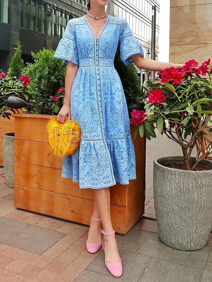Dámské Midi šaty Bílé šaty Volnočasové šaty Bílé krajkové svatební šaty Boho šaty Elegantní Šik ven A Dovolená ulice Rande Štíhlý Poloviční rukáv Do V Bílá Světlá růžová Světle modrá Léto 2025 - $63.99 –P3