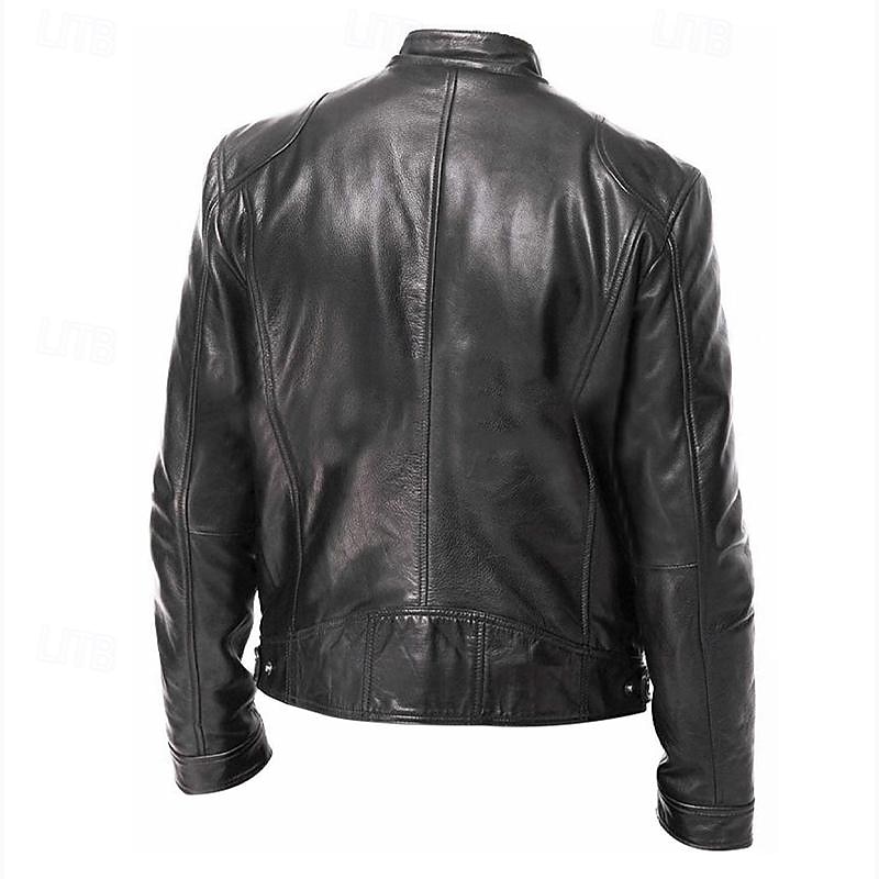 Herr Läderjackor Övergångsjacka Utomhus Vindtät jacka Ficka Alla årstider Slät Streetwear Hög krage Normal Imitationsläder Svart Brun Jacka 2025 - $39.99 –P2
