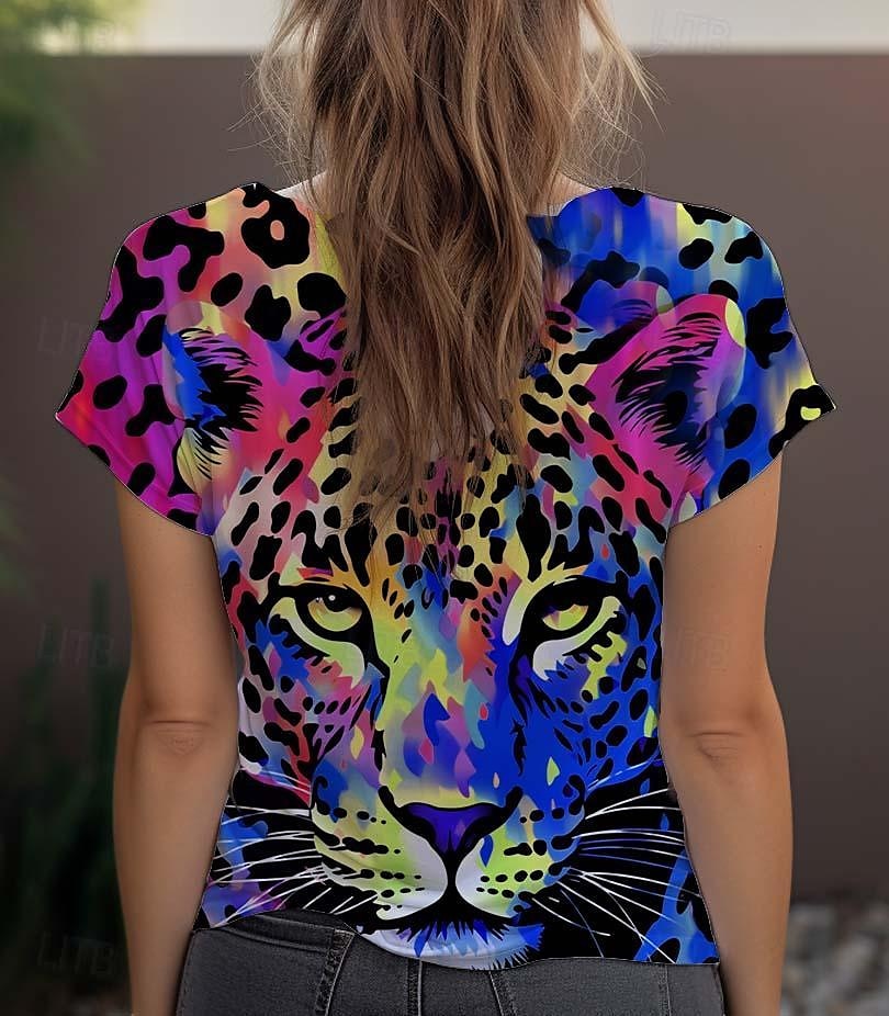 Femme T shirt Léopard Mode Manche Courte Col Ras du Cou Hauts réguliers du quotidien Fin de semaine Imprimer Bleu Violet Fuchsia Vert Gris Eté de 2025 ? $19.99 –P10