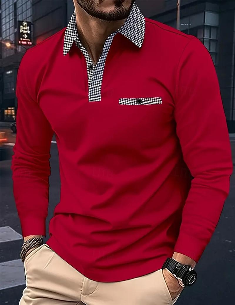 Men's Polo Shirt Golf Shirt Casual Sports Lapel Long Sleeve Fashion Basic Color Block Houndstooth Patchwork Button Spring & Fall Regular Fit White Red Navy Blue Khaki Light Blue Polo Shirt 2025 - $15.49 –P7