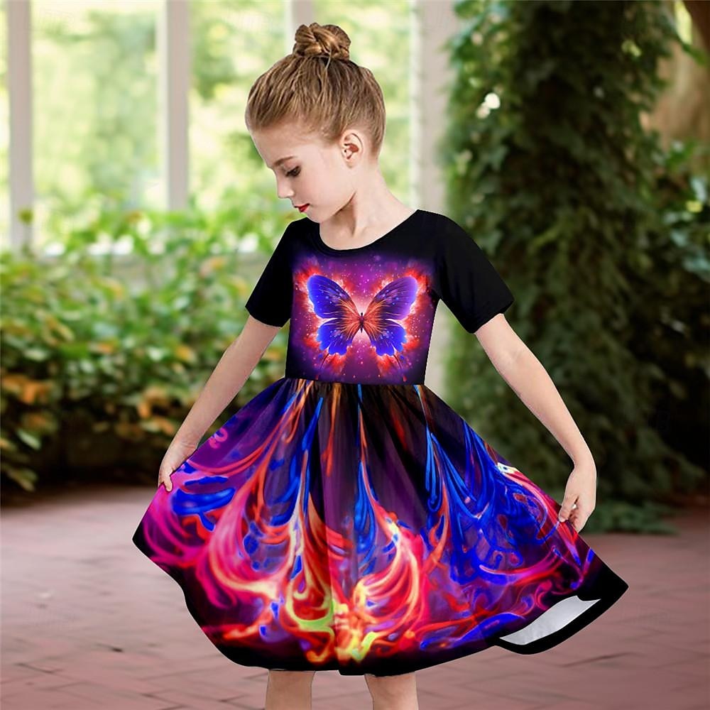 FILLE 3D Papillon Robe Manche Courte 3D effet Eté du quotidien Vacances Décontractées Magnifique Enfants 3-12 ans Robe casual Robe Patineuse Au dessus du genou Standard de 2025 ? $15.99 –P2