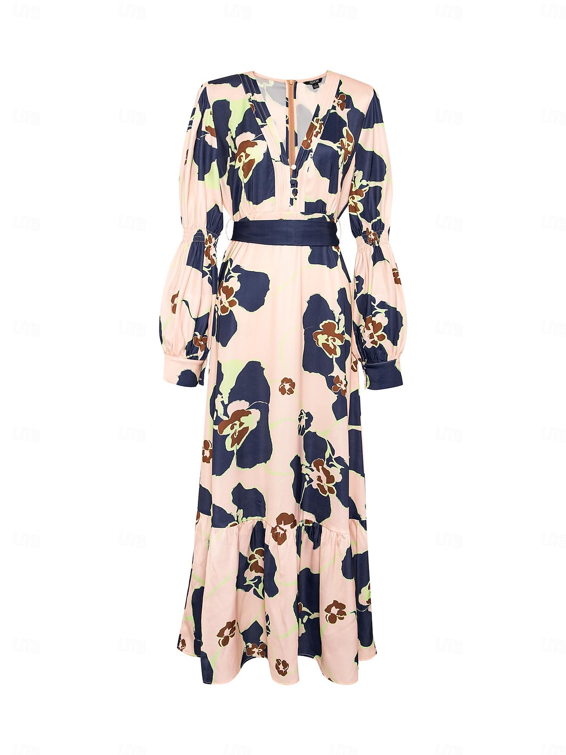 Maxi abito floreale per invitati a un matrimonio in raso con scollo a V e chiusura con zip del 2025 a $103.99 –P8