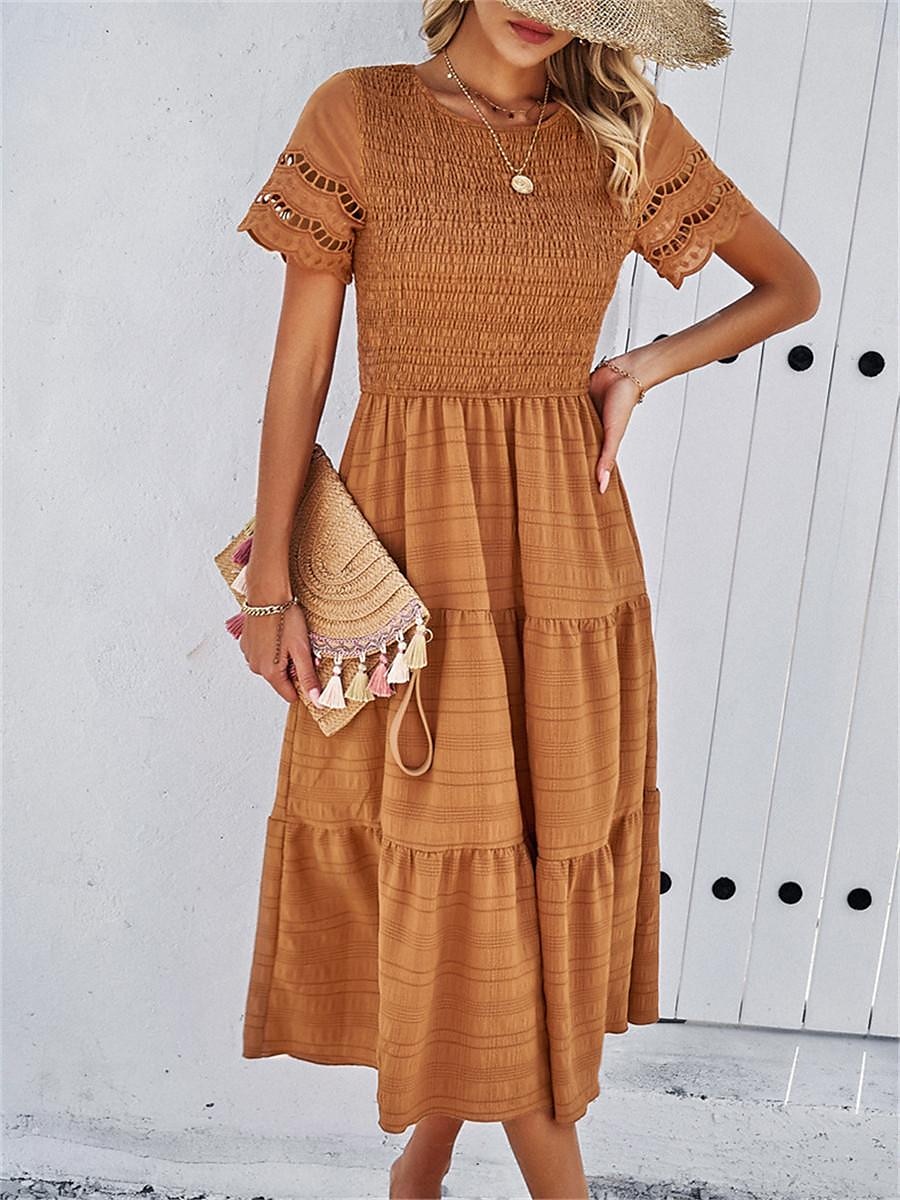 Mulheres Vestido branco Vestido midi Com Transparência Patchwork Encontro Férias Roupa de rua Básico Gola Redonda Manga Curta Preto Branco Marron Cor de 2025 por $52.99 –P9