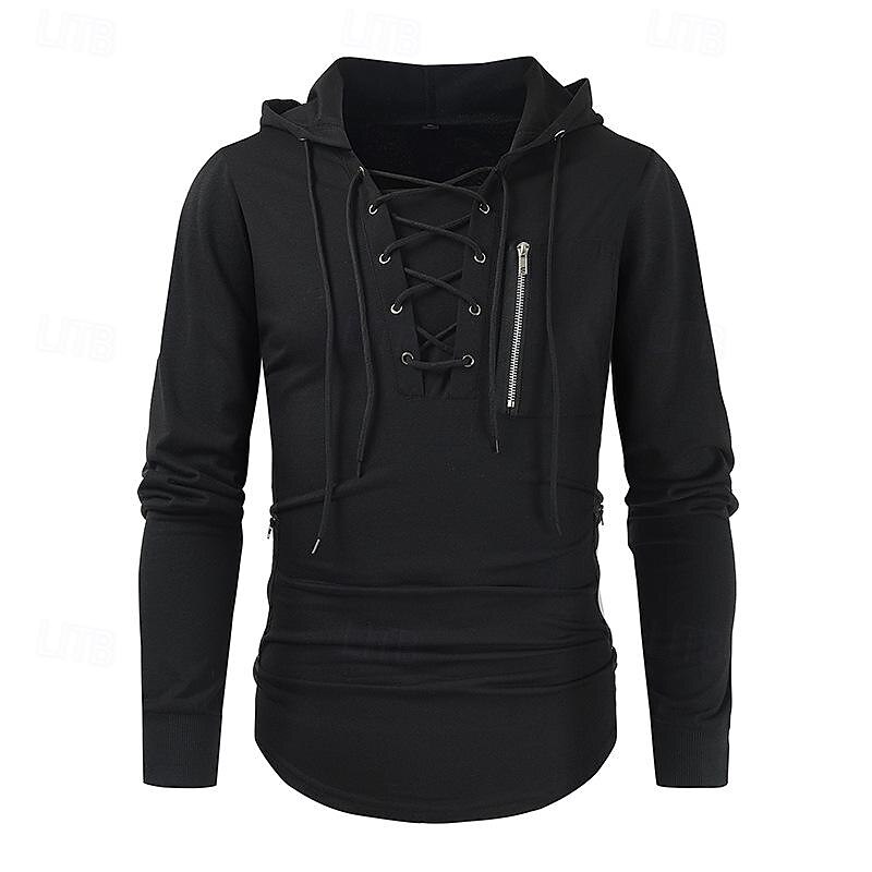 Herren T Shirt T-Shirt Langarmshirt Langarm Mit Kapuze Frühling & Sommer Einfach Mode Designer Basic Schnürung Urlaub Straße Ausgehen Schwarz Braun Grün Top T-Shirt für Herren 2025 - $26.99 –P4