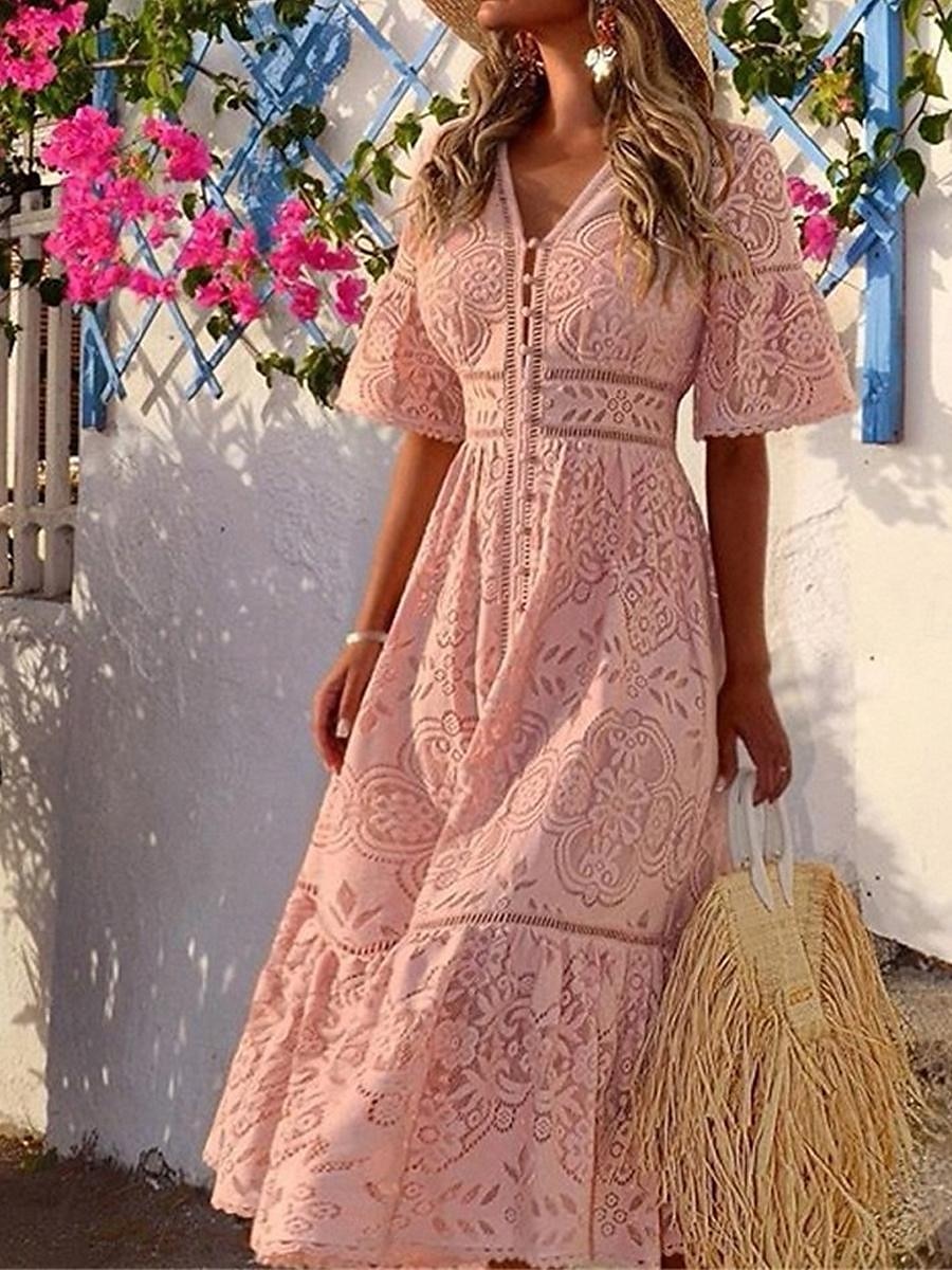 Dámské Midi šaty Bílé šaty Volnočasové šaty Bílé krajkové svatební šaty Boho šaty Elegantní Šik ven A Dovolená ulice Rande Štíhlý Poloviční rukáv Do V Bílá Světlá růžová Světle modrá Léto 2025 - $63.99 –P5
