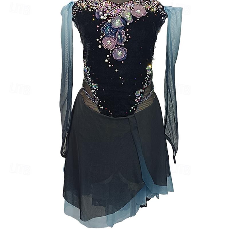 Vestido de patinaje artístico Mujer Chica Patinaje Sobre Hielo Vestidos Azul Negro Retazos Dedo Pulgar Malla Licra Encaje Elástico Entrenamiento Profesional Competición Ropa de Patinaje Cristal 2025 - $189.99 –P5